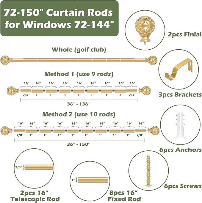 Gold Curtain Rods for Windows:Farmhouse Boho Decorative Curtain Rod for Bedroom Living Room,Heavy Duty Adjustable Rustic Drapery Rods Set with Vintage Coastal Texture Finials,Brass Gold 72-144"