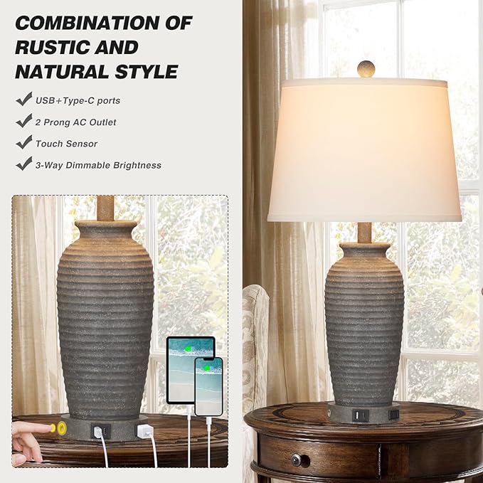 25" Farmhouse Jar Table Lamps Set of 2, 3 Way Touch Control Rustic Bedside Lamps with USB A+C Ports & AC Outlet, Pot Nightstand Lamps for Bedroom Living Room (LED Bulbs Included)