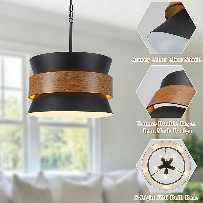 5 Light Large Farmhouse Chandelier, Black Vintage Industrial Light Fixture, Rustic Round Coastal Pendant Light Adjustable Hanging for Dining Room Living Room Kitchen Island Foyer Hallway