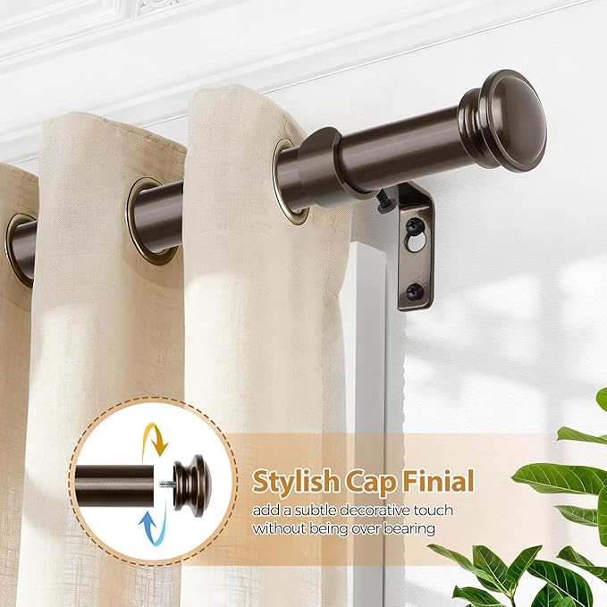 TONIAL Curtain Rods 32 to 86 Inch(2.6-7.2ft), Telescoping Splicing 3/4 Drapery Rods for Windows 54 to 82 Inch(4.5-6.8ft), Decorative Single Rod with Small Cap Finial, Bronze