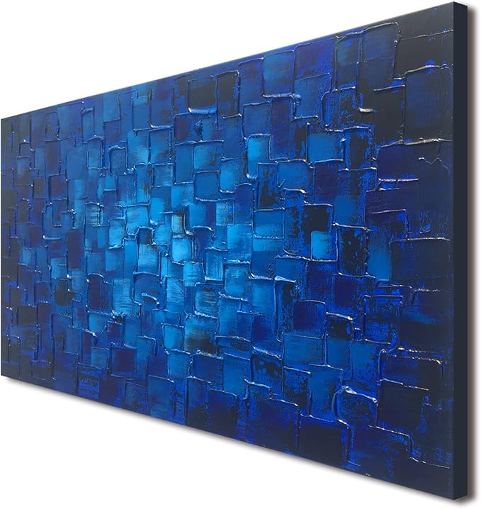 MyArton Textured Abstract Squares Canvas Wall Art Hand Painted Modern Dark Blue Oil Painting for Decoration Ready to Hang 48x24inch