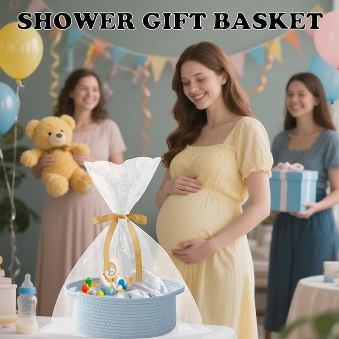 Small Woven Rope Basket-Empty Gifts Basket with Bag and Ribbons,Cute Handle Organizer Box for Birthday/Baby Shower, Toy Storage, Nursery Organizing & Shelf Decor(Blue)