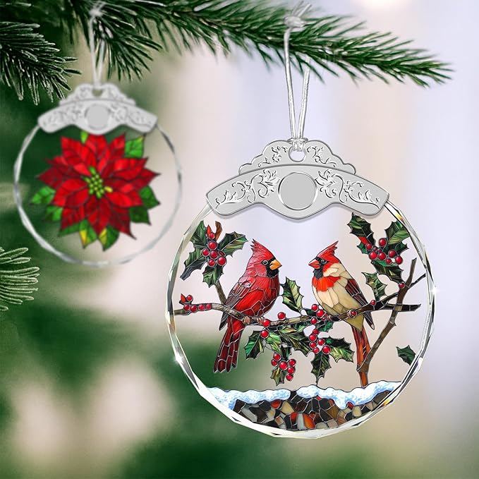 Christmas Ornaments - Cardinal Birds Stained Glass Ornament - Xmas Decor - Ornaments for Christmas Tree - Holiday Presents - Gift Exchange Ideas - Car Hanging Decoration - Wine Bottle Decor
