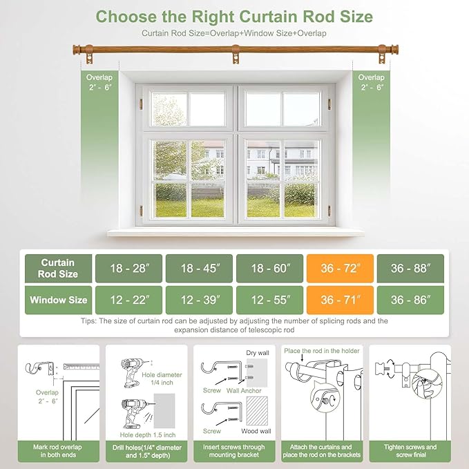Sturdy Durable Curtain Rod:Faux Wood Curtain Rods for Windows 36-72",Adjustable Heavy Duty Curtains Rod for Bedroom/Kitchen/Apartment/Door,Small Decorative Farmhouse Boho Drapery Rods,All-Metal