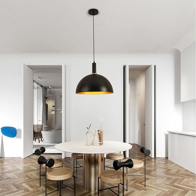 17.72" Large Pendant Lights Kitchen Island, Black and Gold Dome Pendant Lights, Modern Farmhouse Adjustable Black Industrial Metal Hanging Pendant Lightingfor Kitchen Island, Dining Room, Cafe, Bar