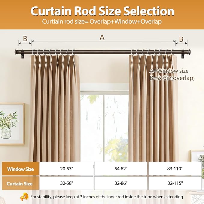TONIAL Curtain Rod 32 to 115 Inch(2.6-9.6ft), Telescoping Splicing 3/4 Drapery Rods for Windows 83 to 110 Inch(6.9-9.1ft), Decorative Single Rod with Small Cap Finial, Bronze