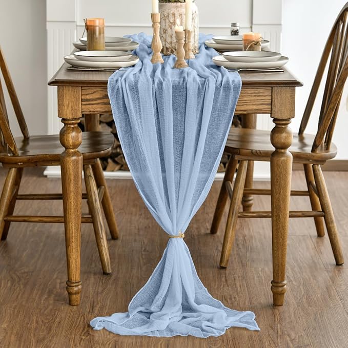 Artoid Mode Boho Sky Blue Gauze 6 Pieces Wedding Table Runner, 120 Inch Seasonal Fabric Kitchen Dining Holiday Table Decor for Home Party Indoor