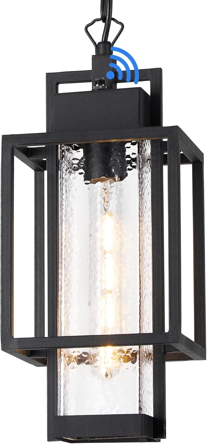 Outdoor Pendant Light Fixture, 16" Dusk to Dawn Exterior Chandelier Porch Hanging Light with Bubble Glass, Moder Black Outside Hanging Lantern for Porch Gazebo, OS-KY1005