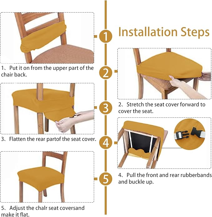 Dining Chair Seat Covers Set of 6, Stretch Velvet Chair Seat Slipcovers Protector, Removable Washable Kitchen Chair Covers for Dining Room Chairs (Set of 6, Mustard)