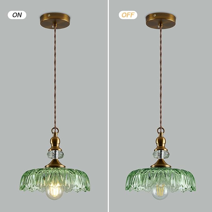 CVKASH Vintage Glass Pendant Light Fixture Green Adjustable Chandelier Modern Gold Hanging Ceiling Light for Farmhouse Dining Room Living Room Bedroom Entryway Kitchen Island