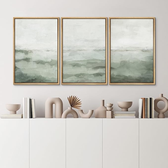 MUDECOR Framed Canvas Print Wall Art Sage Green Abstract Prints Minimalist Modern Wall Art Decor for Bedroom - 16"x24"x3 Natural
