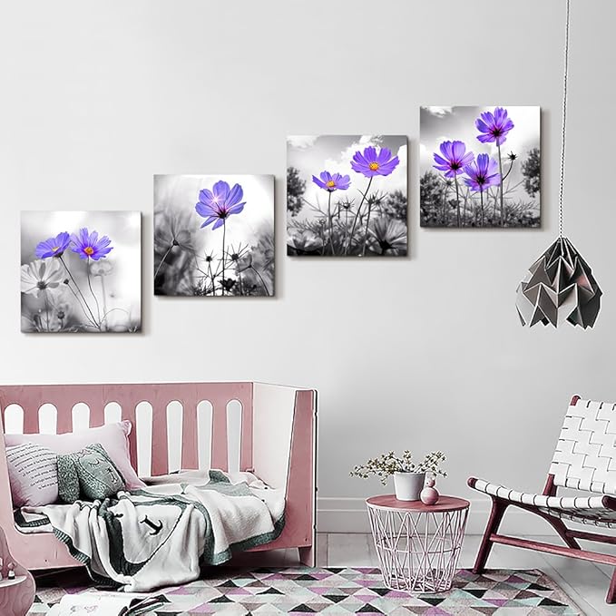 bathroom wall Decor wall art for bedroom Canvas Prints for kitchen poster pictures artwork Home wall Decorations for living room 16" x 16" 4 Pieces Framed Black and white landscape purple flowers