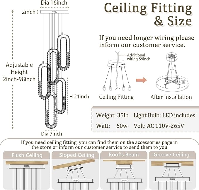 5 Rings Crystal Chandeliers for Staircase Large Pendants Light Fixture Black High Ceiling Chandelier for Entryway Bedroom Foyer 2700K-6000K