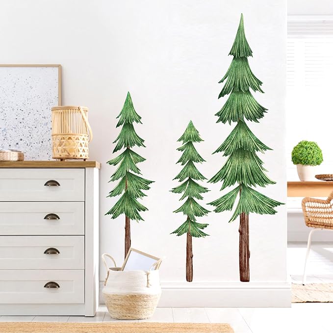 Large Pine Tree Wall Decals Peel and Stick Watercolor Extra Large Tree Wall Decal Forest Nature Green Trees Stickers Woodland Giant Pine Trees Decals for Nursery Kids Room Decor