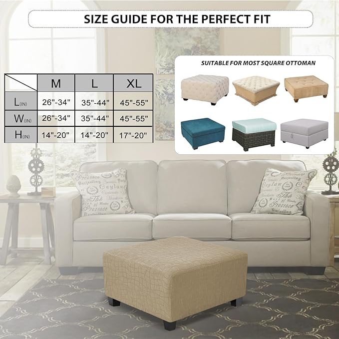 Square Ottoman Cover,Soft Stretch Jacquard Slipcover with Dual Waterproof Layers,Washable Furniture Protector for Pets,Medium,Khaki
