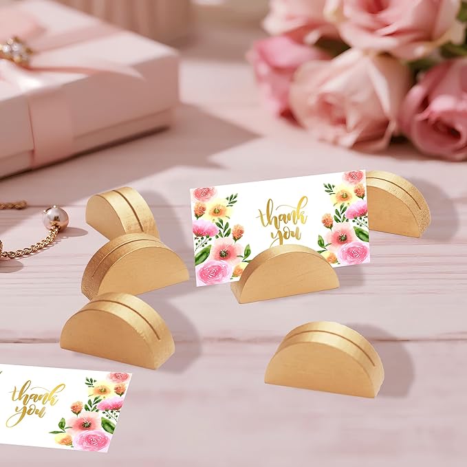 24 Pcs Gold Table Number Stands, Wooden Indoor Wedding Place Card Holders Semicircular Table Name Holder for Photos Office Tag Birthday Banquet Party Restaurant Menu
