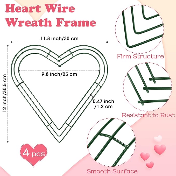 Aodaer 4 Pack 12 Inch Heart Wire Wreaths Frame Heart Metal Wreath Garland Green Wire Flower Wreath for Valentine's Day, Wedding Party, Home Ceremony Decoration
