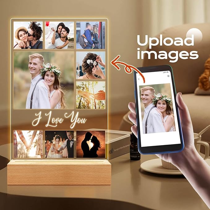 Custom Picture Frame with Photo, Personalized Photo Frame with Night Light, Customized Picture Frames, Christmas Anniversary Couple Gifts for Women Men Her Him Girlfriend Boyfriend