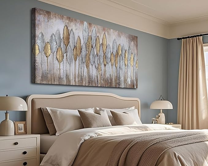 Acocifi Beige Neutral Wall Art Living Room, Large Abstract Gold Leaf Textured Painting, Modern Minimalist Picture Artwork Framed for Bedroom Dining Room Office Home Decor 48"x24"