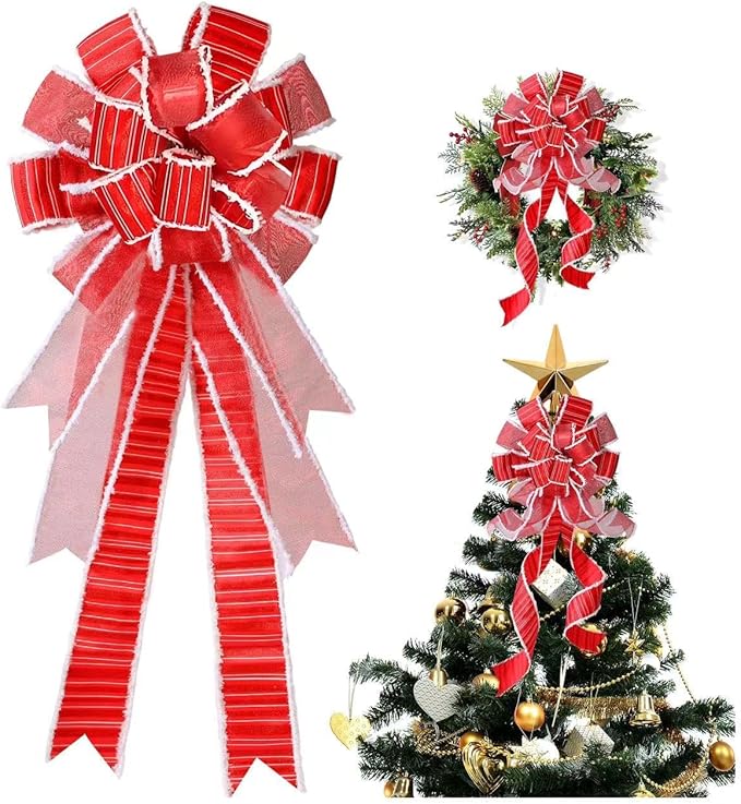 Wreath Bow Large Red Tree Topper，Burlap with White Polyester Edge Gift Bow for Wedding Party Holiday Home Indoor Outdoor Decoration