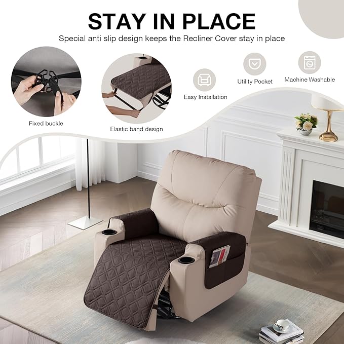 VANSOFY Recliner Chair Covers 100% Waterproof Seat Cover with Arm Reclining Cover Non-Slip Recliner Chair Covers Furniture Protector Washable Slipcover with Pocket for Pets, Dogs(Chocolate, 22")