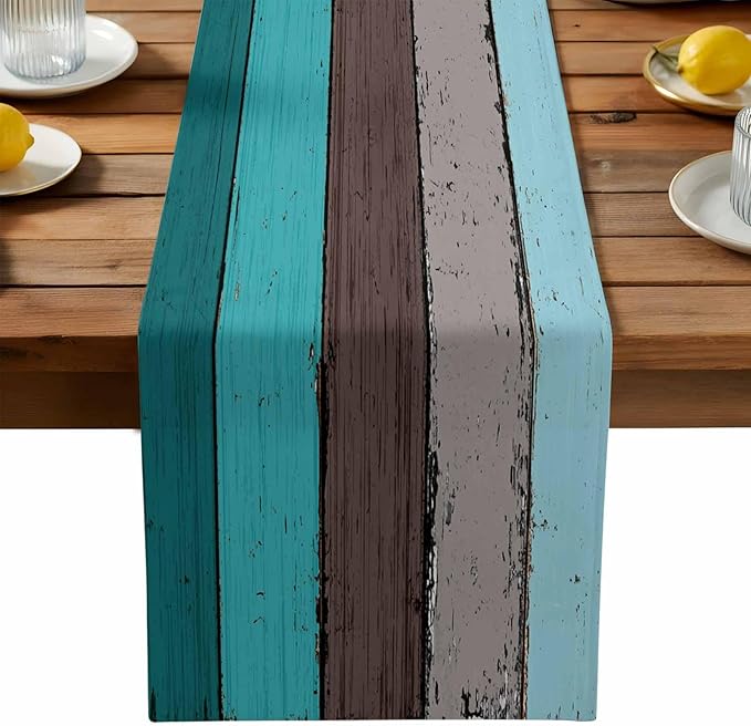 Table Runners 13X120 Inches Extra Long, Ombre Peacock Blue Gray ,Cotton Linen Farmhouse Retro Rustic Barn Wood Texture Tablecloths Non-Slip Party Table Decorations for Kitchen ,Home ,Dining ,Outdoor,