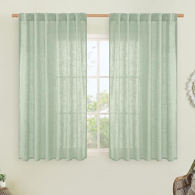 LAMIT Semi Sheer Linen Curtains 45 Inches Long, Light Filtering Panels Back Tab and Rod Pocket Neutral Drapes for Kitchen/Window/Bedroom, Fresh Green, 2 Panels, 52 x 45 Inch