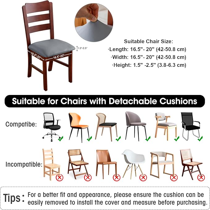 Waterproof PU Leather Seat Covers for Dining Room Chairs Set of 4, Stretch Dining Chair Slipcovers, Kitchen Chair Seat Covers, Non-Slip & Washable (Dark Gray)