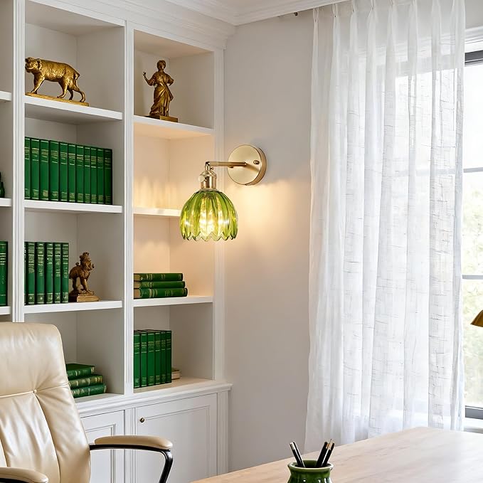 Fandian Vintage Wall Sconces Set of Two,Hardwired Wall Lights with Green Tulip Glass Lampshade,Gold Wall Lamps for Bedroom Bedside Stairway Bathroom Living Room