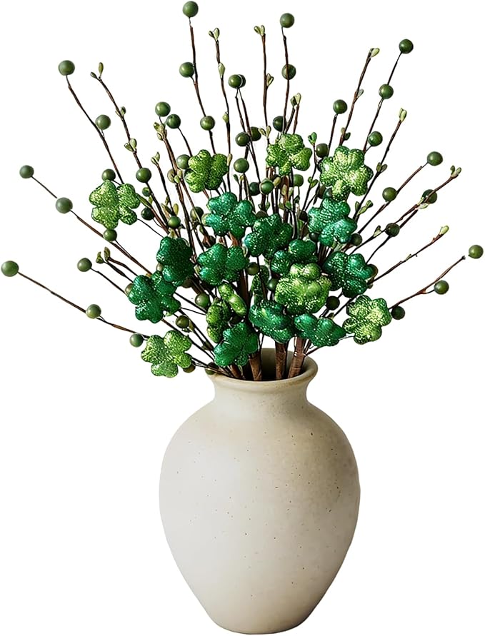 Bibelot 6 Pack Artificial Shamrock Picks, Glitter Clover Stems with Berries, St Patricks Day Picks for Table Centerpieces Home Holiday Decor DIY Crafts