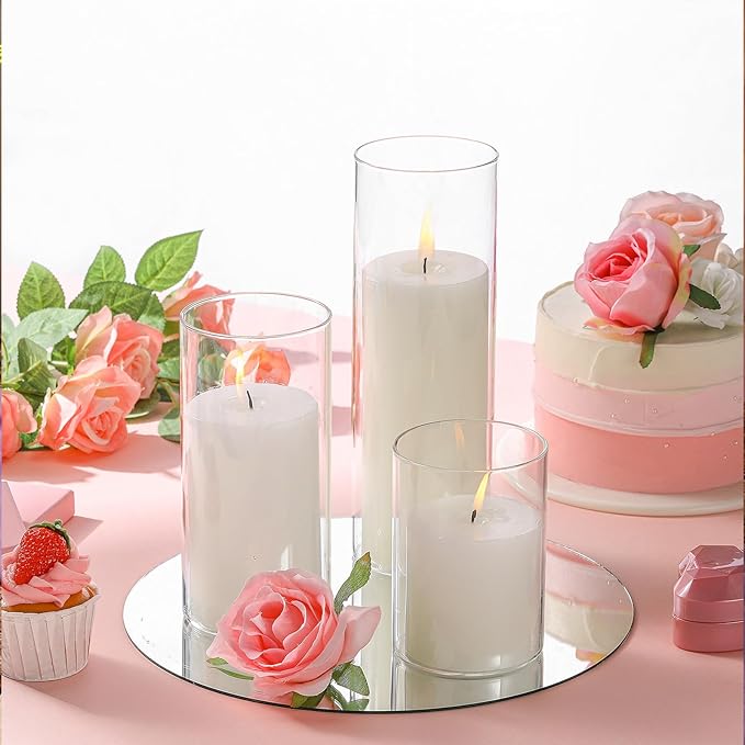 Shihanee Set of 12 Pillar Candles and Glass Cylinder Vases Clear Cylinder CandleHolders for Slim Pillar Candles Wedding Centerpieces(3.4''x 4.7'', 7'', 9.8'',White)