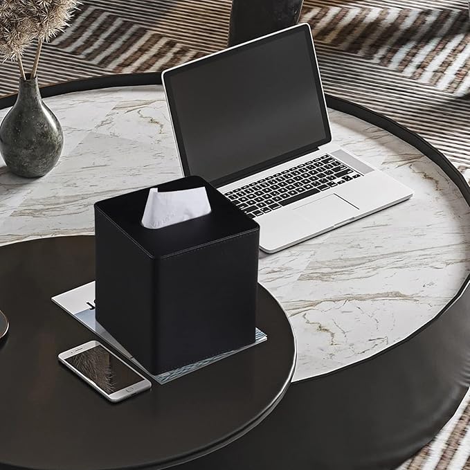 PU Leather Tissue Box Cover Square Tissue Box Holder with Magnetic Closure (Black)