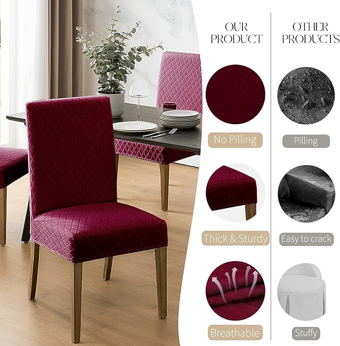 MOSAYT 100% Waterproof Dining Room Chair Covers Set of 6, Super Fit Stretch Jacquard Parson Chairs Slipcovers Removable Washable Chair Seat Protectors for Home, Kitchen, Banquet (Burgundy - XL)