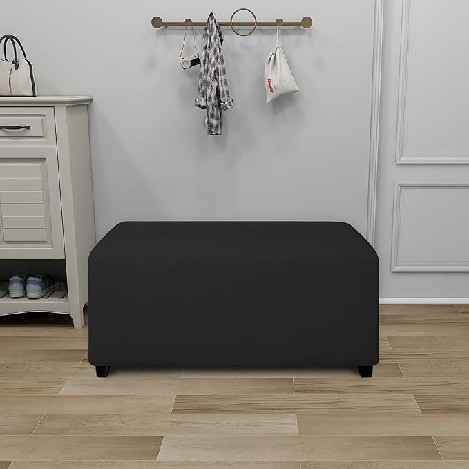 PureFit Super Stretch Soft Form Fit Ottoman Cover Rectangle - Ottoman Slipcovers for Foot Stool & Folding Storage Furniture for Living Room with Nonslip Elastic Bottom (Small, Black