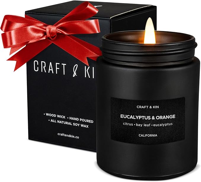 Craft & Kin Premium Orange & Eucalyptus Candle | Black Christmas Scented Candles for Home | Long Lasting with 45 Hour Burn Time, 7.6oz | Soy Holiday Candle | Aromatherapy at Home | Gifts for Men