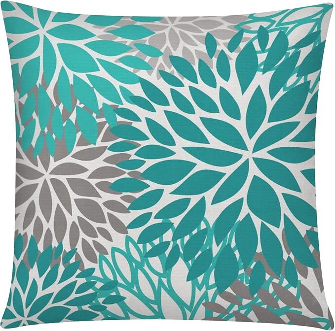 COMMINY Set of 6 Teal Grey Pillow Covers 18x18 Inch Decorative Daisy Dahlias Throw Pillow Cover Farmhouse Rustic Turquoise Pillow Case for Couch Living Room Patio