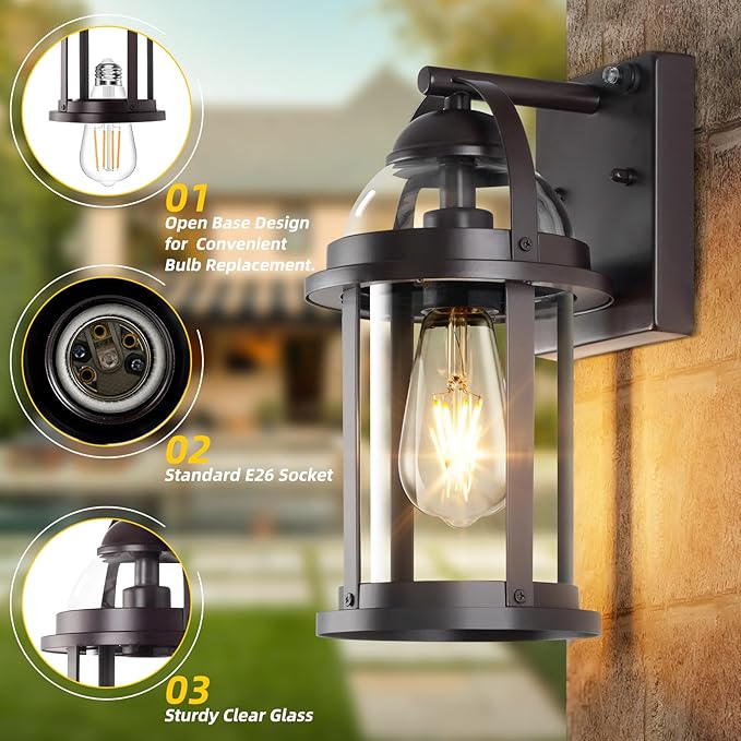 OKELI Dusk to Dawn Outdoor Wall Lights, Waterproof Lighting Fixtures Rustic Farmhouse Wall Lanterns with Clear Glass Shades Anti-Rust Outside Lights for Garage Patio Porch(Brown, 2 Pack)