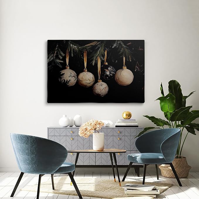 Christmas Tree Gold Ornaments Wall Art,Vintage Ornament Print,Holiday Art Print,Dark Rustic Winter Decor,Festive Gold Holiday Art,Christmas Home Fireplace Decor16x24inchUnframed