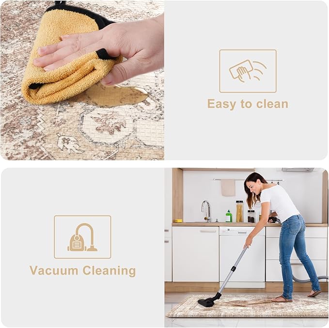 KIMODE Anti Fatigue Kitchen Mats for Floor 2 Piece 20"x59"+20"x32", Khaki Boho Distressed Kitchen Rugs, Non Slip Waterproof Kitchen Floor Mat, Comfort Foam Standing Mat for Sink Laundry Office Desk