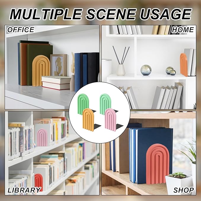 PATIKIL 4Pcs Boho Arch Bookends, Non-Skid Wood Book Ends Rainbow Wooden for Shelves Book Stopper Stand Cute for Holding Books Movie Home Office Library Decorative, Yellow/Pink/Green/Cyan