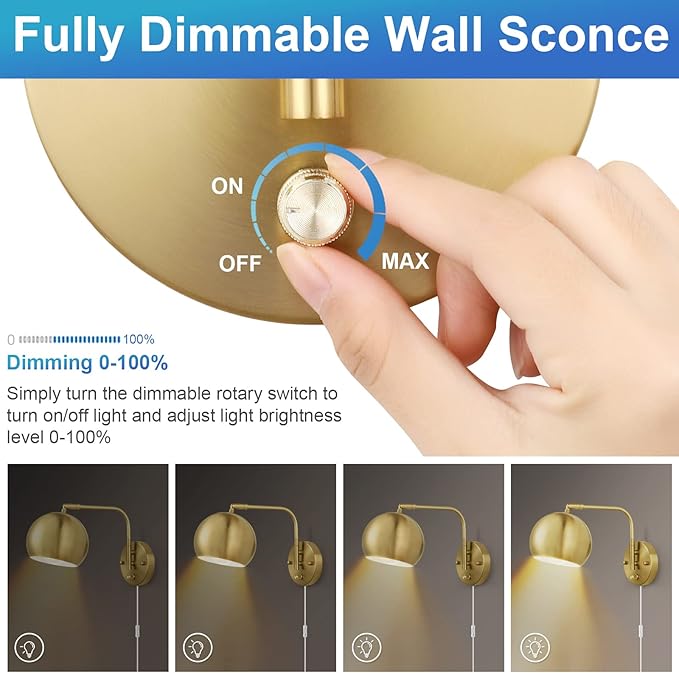 Plug in Dimmable Wall Sconce Swing Arm Wall Lights with Plug in Cord and Dimmer On/Off Knob Switch, Brushed Brass Globe Wall Light for Bedside Bedroom Bathroom(1 Bulb Included)