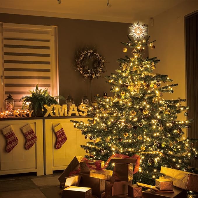LAMPHOME 12" 10L Christmas Snowflake Tree Topper (Gold), Christmas Star Tree Light, Warm White