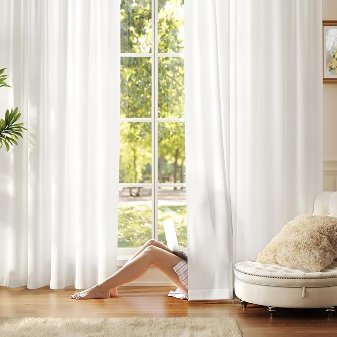 Anmao Non-See-Through Off White Privacy Semi Sheer Curtains for Living Room 96 Inch Length 2 Panels Set, Light Filtering That Let Light in Rod Pocket Window Drapes for Bedroom, 52W x 96L, Ivory White