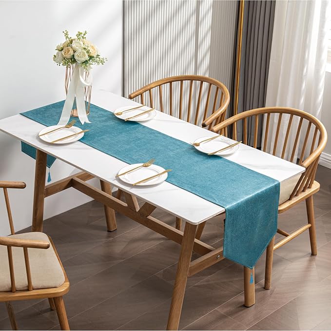 BALCONY & FALCON Lake Blue Table Runner Lustrous Linen 14"x71" Water Resistant Washable Vintage Rustic Tassels Runner for Table, Dining, Party, Wedding, Birthday, Easter, Thanksgiving, Christmas Décor