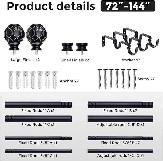 Black Double Curtain Rod, 72 to 144 Inch Extra Long Dual Curtain Rods with Boho Netted Texture Finial, Decorative 1 Inch Adjustable Window Treatment Rod, Antique Vintage Farmhouse Double Drapery Pole