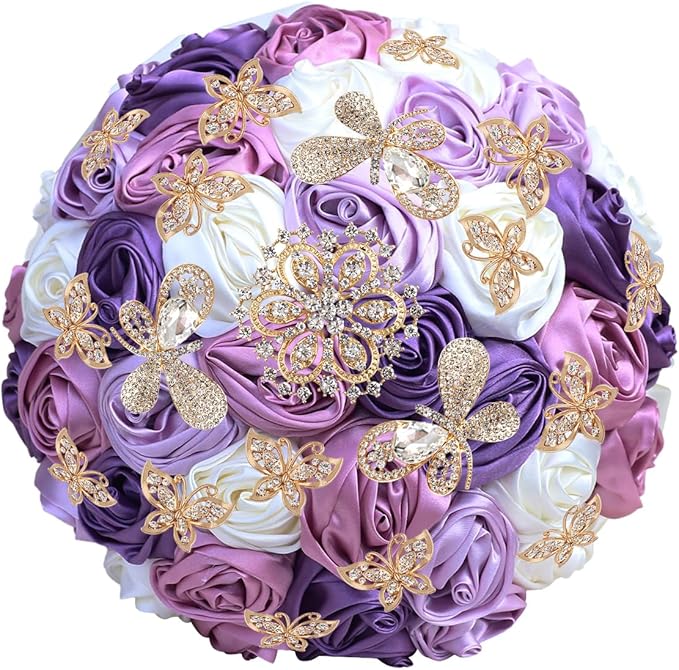 Handmade Floral Satin Rose Butterfly Shape Rhinestone Bridal Bouquet Luxury Golden Rhinestone Artificial Flowers for Wedding