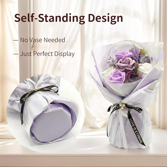 Soap Flowers Bouquet, Artificial Flowers in Gift Box with Gift Bag & Greeting Card, Balloon-Style Acrylic Design, Freestanding Display for Mother’s Day Birthday Anniversary, Purple