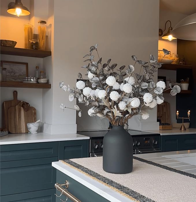 Laelfe 10 Kiku Artificial Flowers + 5 Large Eucalyptus Branches, Silk Fake White Flowers Pompon Mums (Ball Flower Stems) - Decor for Home, Wedding Filler, Centerpieces & Shower Arrangements