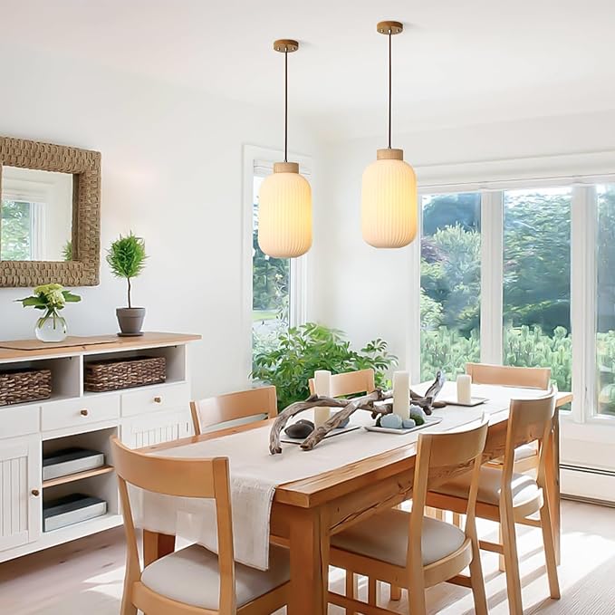 Mid Century Modern Pendant Lights Kitchen Island Large Ribbed Milk Glass Pendant Light Farmhouse Foyer Pendant Lighting Fixture White Pendant Lighting for Kitchen Island (2 Pack)