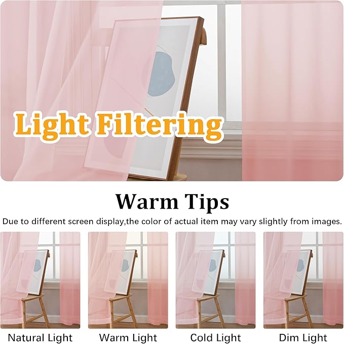 Gwine Blush Pink Sheer Curtains for Bedroom 54 inches Long 2 Panels, Light Filtering Voile Rod Pocket Curtains, Airy Transparent Sheer Drapes for Living Room, Each 42" Wx54 L